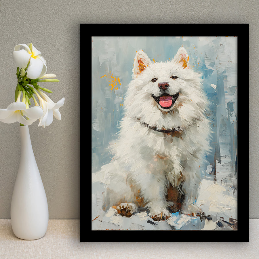 Oil Painting White Samoyed Dog Dog Portrait, Framed Art Prints Wall Art Decor, Framed Picture Print