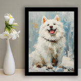 Oil Painting White Samoyed Dog Dog Portrait, Framed Art Prints Wall Art Decor, Framed Picture Print