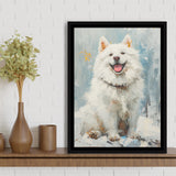 Oil Painting White Samoyed Dog Dog Portrait, Framed Canvas Prints Wall Art Decor, Floating Frame