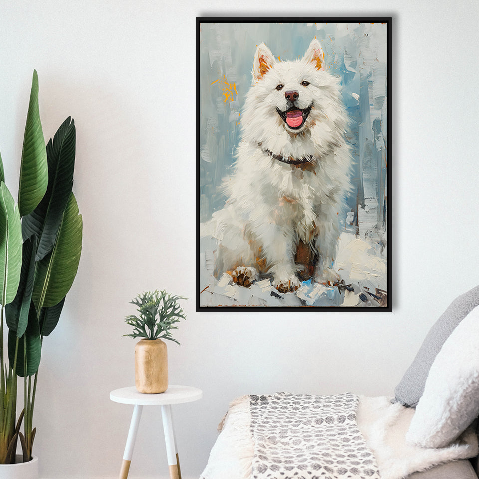 Oil Painting White Samoyed Dog Dog Portrait, Framed Canvas Prints Wall Art Decor, Floating Frame