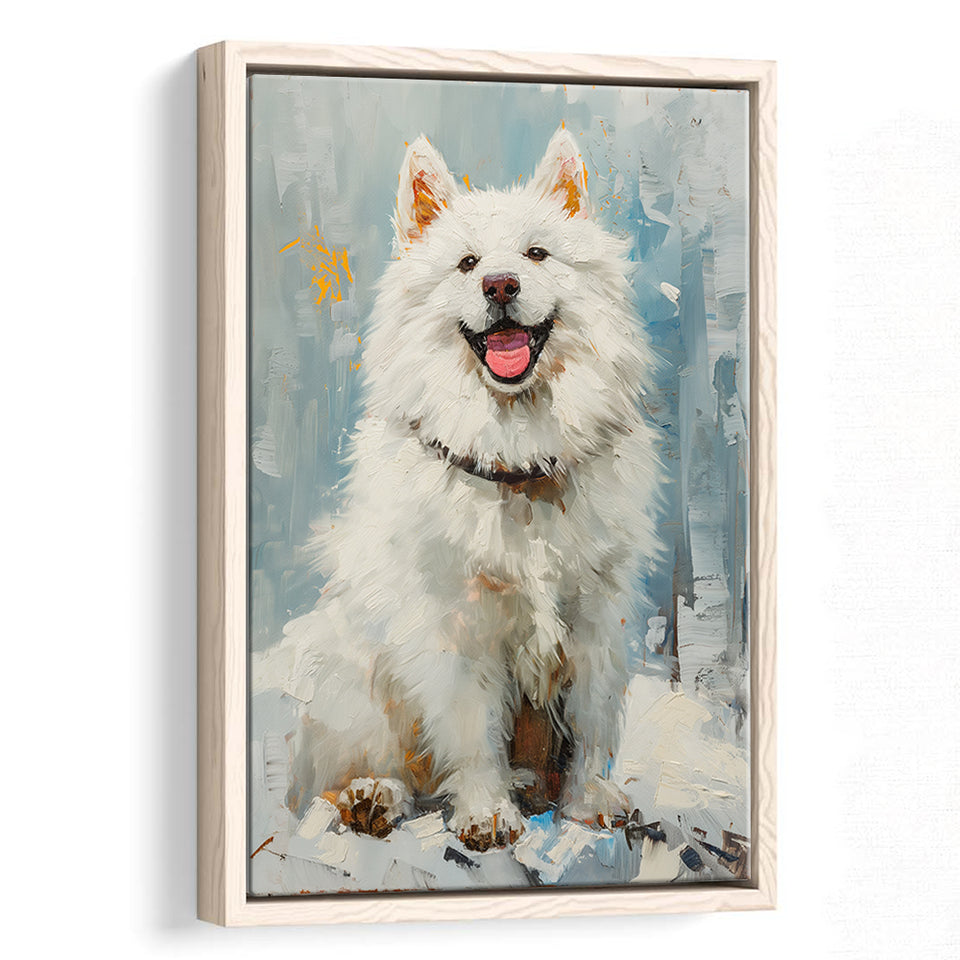 Oil Painting White Samoyed Dog Dog Portrait, Framed Canvas Prints Wall Art Decor, Floating Frame