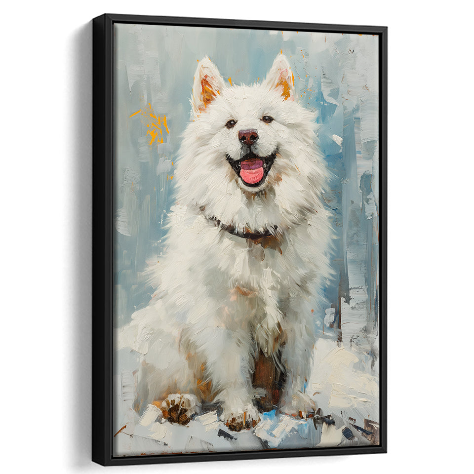 Oil Painting White Samoyed Dog Dog Portrait, Framed Canvas Prints Wall Art Decor, Floating Frame