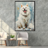 Oil Painting White Samoyed Dog Dog Portrait, Framed Canvas Prints Wall Art Decor, Floating Frame