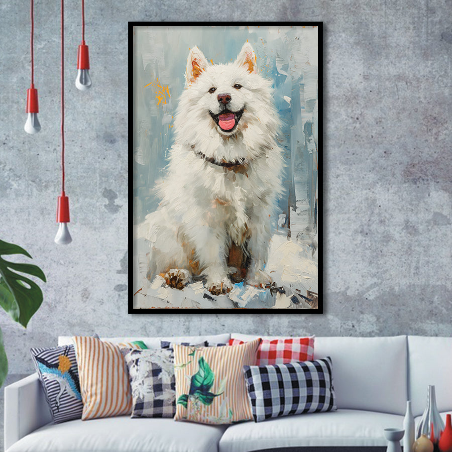Oil Painting White Samoyed Dog Dog Portrait, Framed Art Prints Wall Art Decor, Framed Picture Print