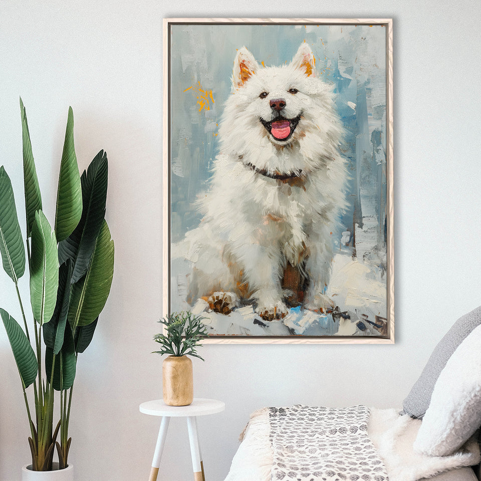 Oil Painting White Samoyed Dog Dog Portrait, Framed Canvas Prints Wall Art Decor, Floating Frame