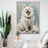 Oil Painting White Samoyed Dog Dog Portrait, Framed Canvas Prints Wall Art Decor, Floating Frame