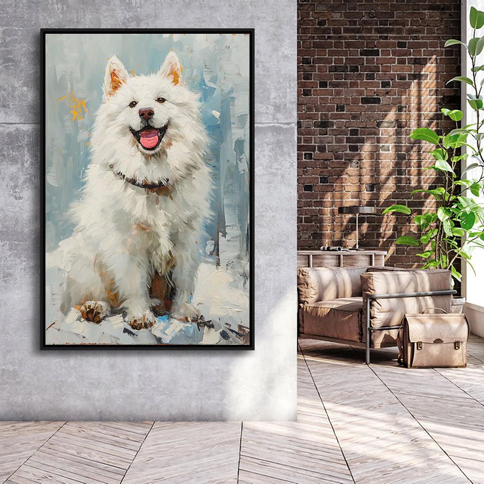 Oil Painting White Samoyed Dog Dog Portrait, Framed Canvas Prints Wall Art Decor, Floating Frame