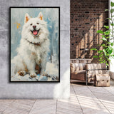 Oil Painting White Samoyed Dog Dog Portrait, Framed Canvas Prints Wall Art Decor, Floating Frame