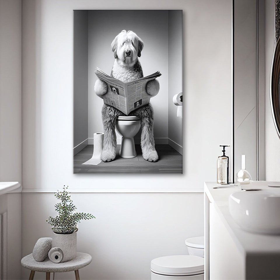 Old English Sheepdog Canvas Prints Wall Art, Funny Bathroom Decor, Dog in Toilet