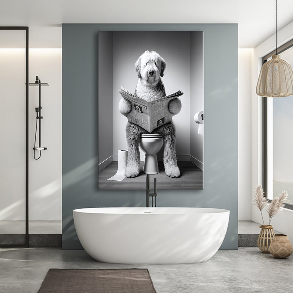 Old English Sheepdog Canvas Prints Wall Art, Funny Bathroom Decor, Dog in Toilet