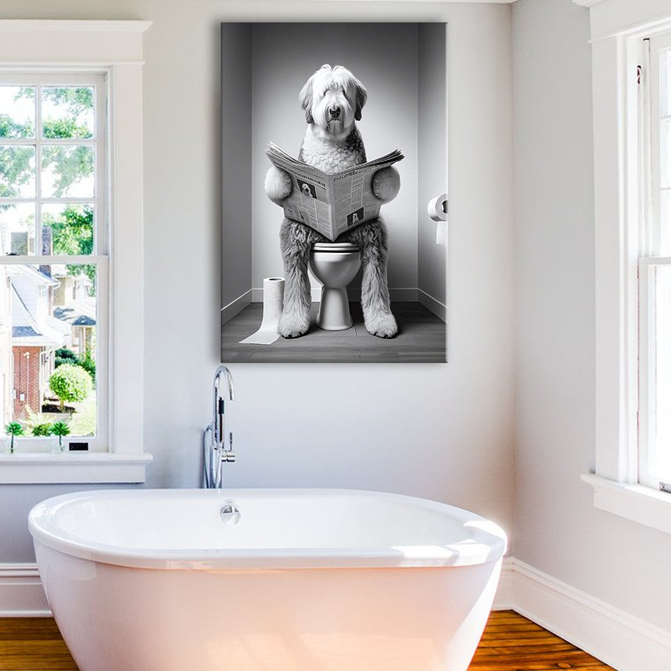 Old English Sheepdog Canvas Prints Wall Art, Funny Bathroom Decor, Dog in Toilet