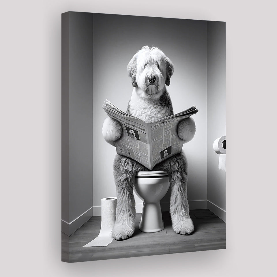Old English Sheepdog Canvas Prints Wall Art, Funny Bathroom Decor, Dog in Toilet