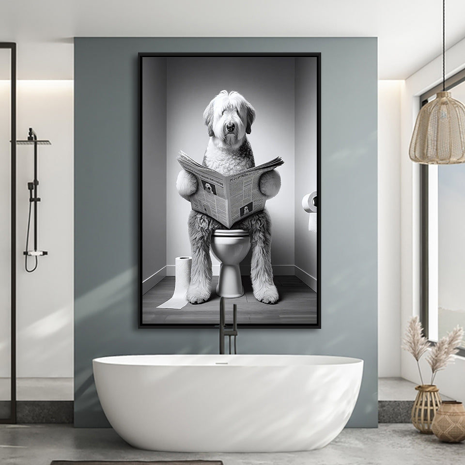 Old English Sheepdog Framed Canvas Prints Wall Art, Funny Bathroom Decor, Dog In Toilet