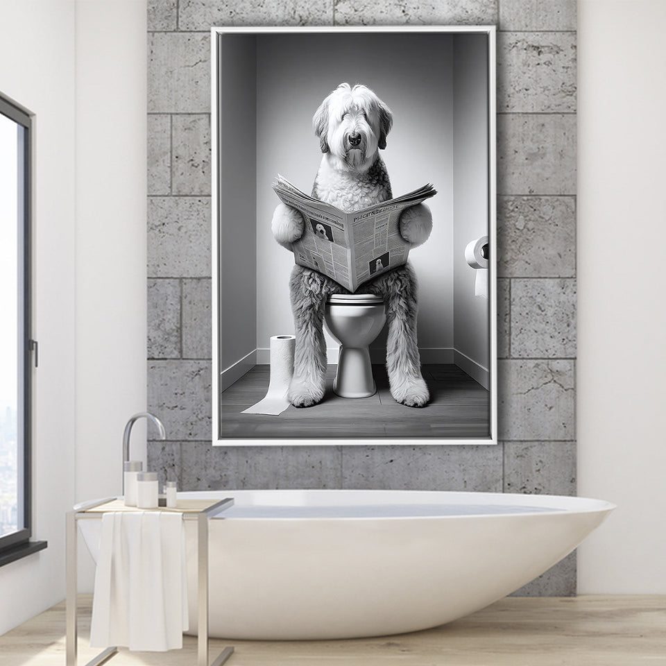 Old English Sheepdog Framed Canvas Prints Wall Art, Funny Bathroom Decor, Dog In Toilet