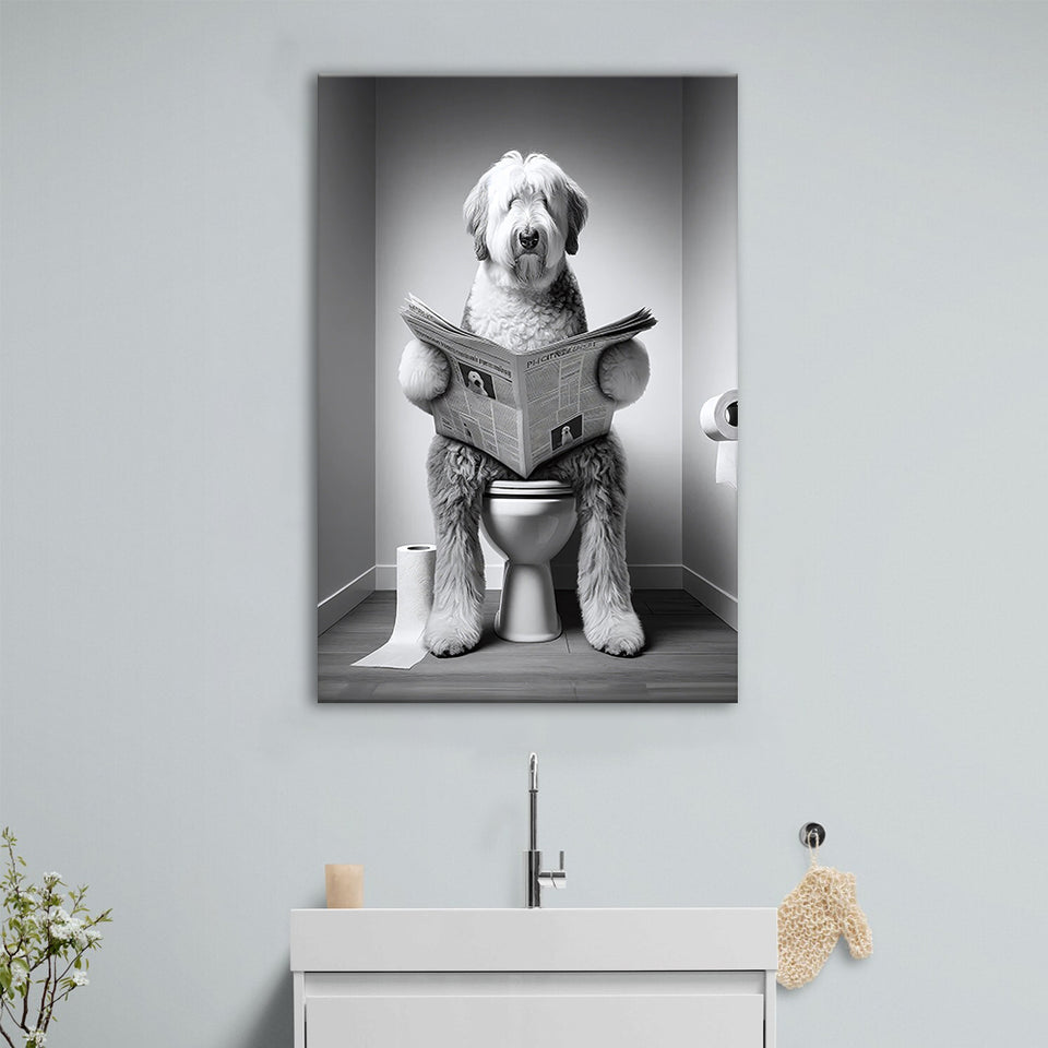 Old English Sheepdog Canvas Prints Wall Art, Funny Bathroom Decor, Dog in Toilet