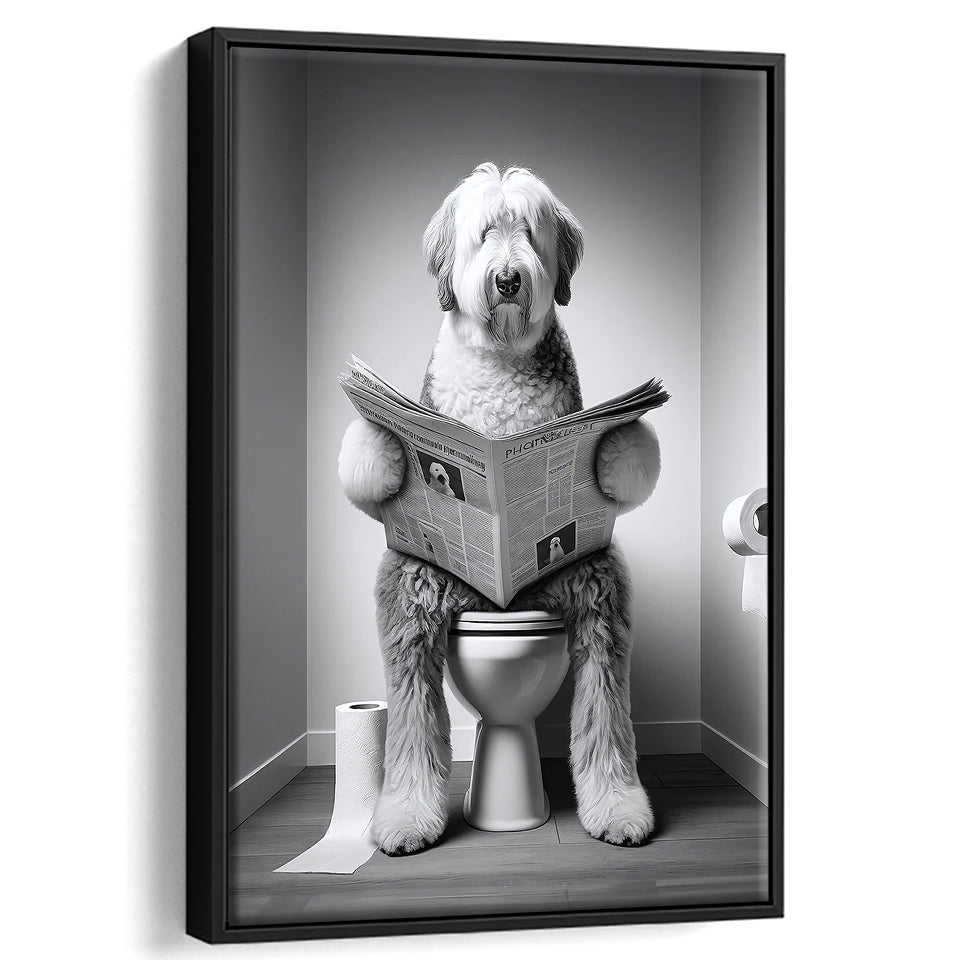 Old English Sheepdog Framed Canvas Prints Wall Art, Funny Bathroom Decor, Dog In Toilet
