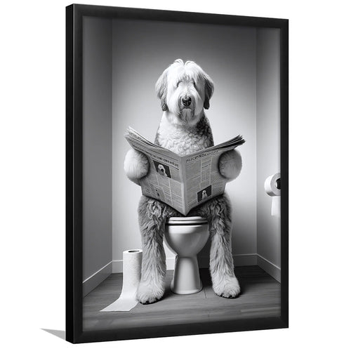 Old English Sheepdog Framed Art Print Wall Decor, Funny Bathroom Decor, Dog In Toilet