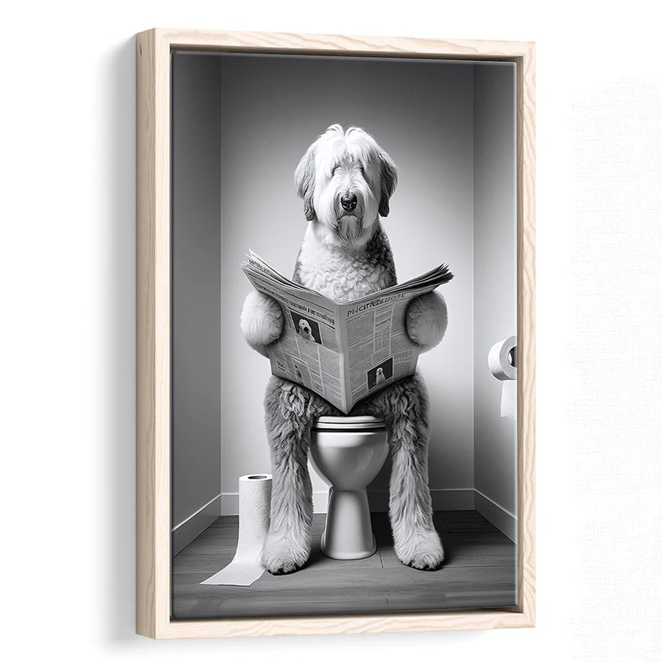 Old English Sheepdog Framed Canvas Prints Wall Art, Funny Bathroom Decor, Dog In Toilet