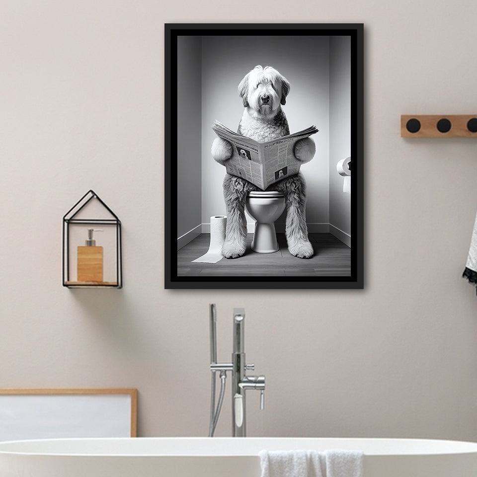 Old English Sheepdog Framed Canvas Prints Wall Art, Funny Bathroom Decor, Dog In Toilet