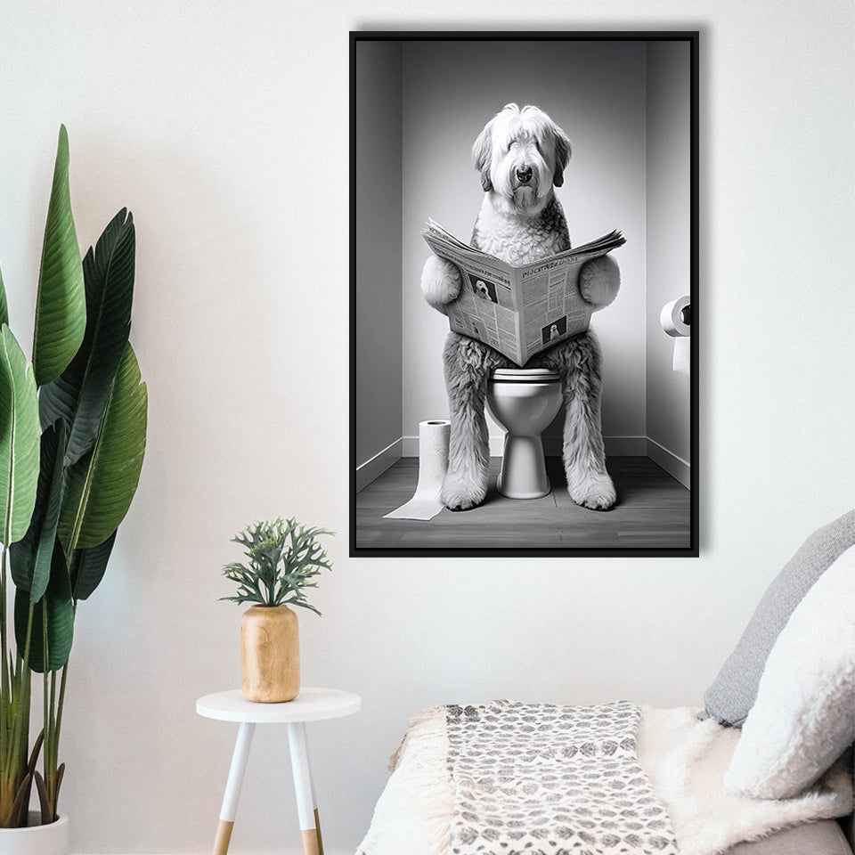 Old English Sheepdog Framed Canvas Prints Wall Art, Funny Bathroom Decor, Dog In Toilet