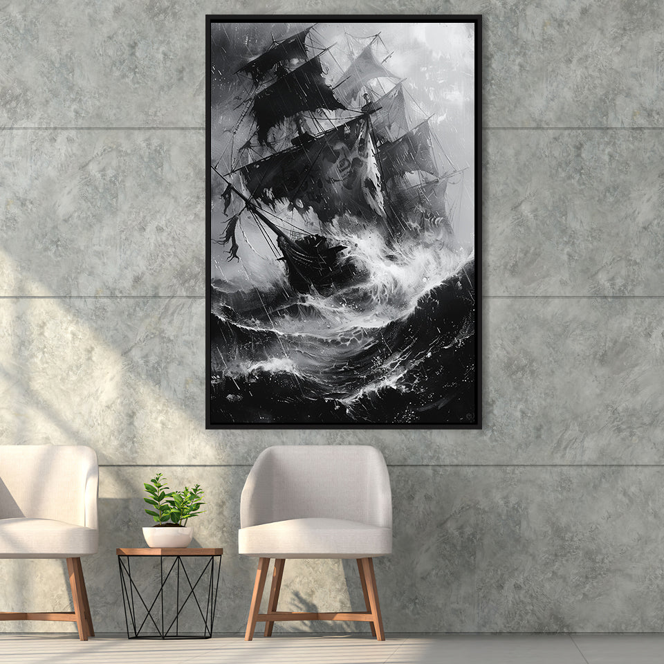 Old Pirate Ship Black And White,Framed Canvas Prints Wall Art Decor, Floating Frame