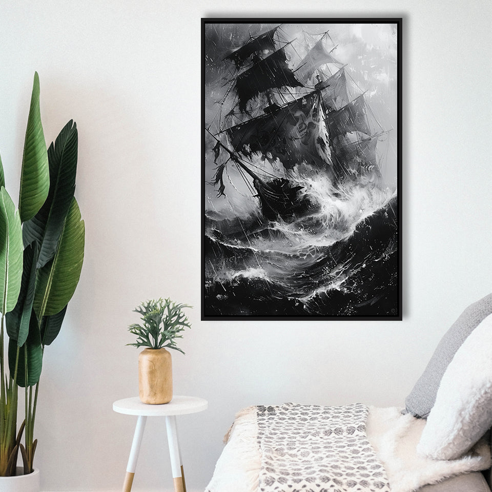 Old Pirate Ship Black And White,Framed Canvas Prints Wall Art Decor, Floating Frame
