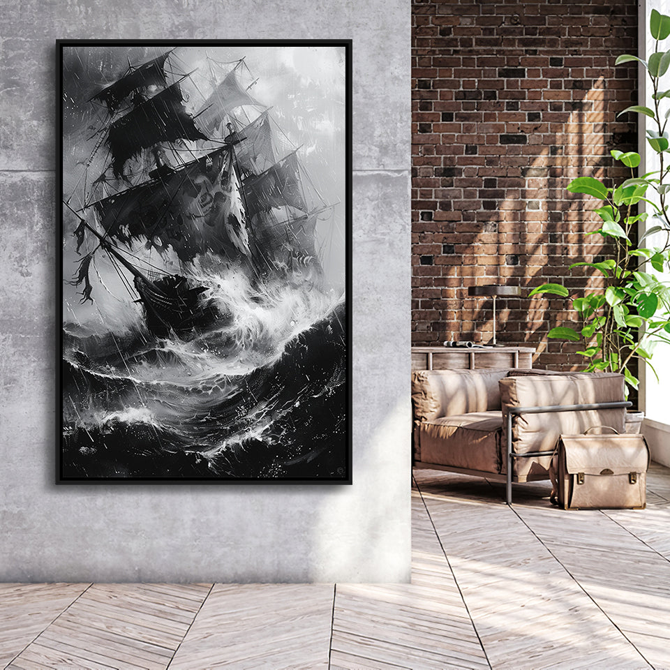 Old Pirate Ship Black And White,Framed Canvas Prints Wall Art Decor, Floating Frame