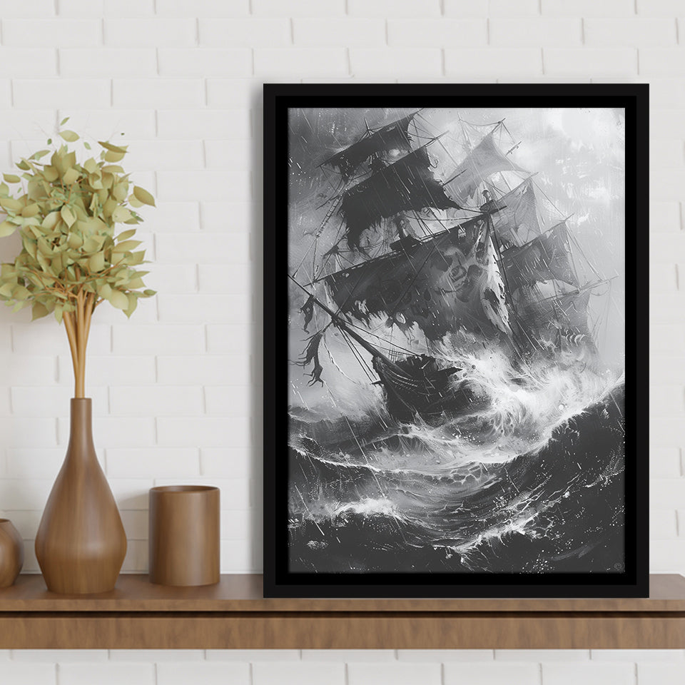 Old Pirate Ship Black And White,Framed Canvas Prints Wall Art Decor, Floating Frame