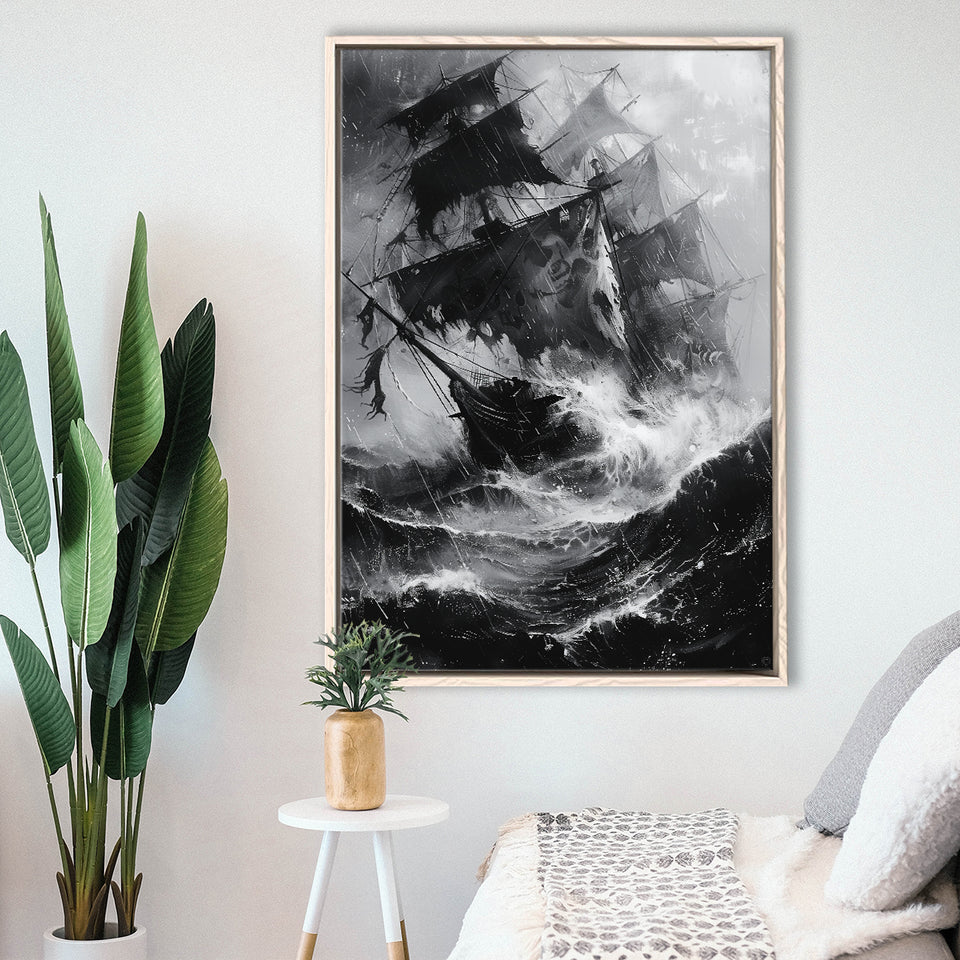 Old Pirate Ship Black And White,Framed Canvas Prints Wall Art Decor, Floating Frame