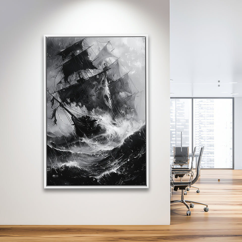 Old Pirate Ship Black And White,Framed Canvas Prints Wall Art Decor, Floating Frame