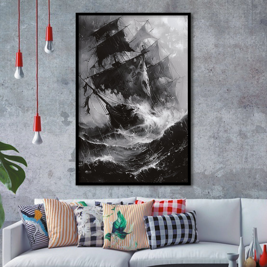 Old Pirate Ship Black And White,Framed Art Prints Wall Decor, Picture Framed