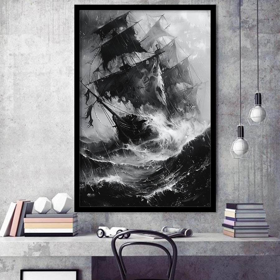 Old Pirate Ship Black And White,Framed Art Prints Wall Decor, Picture Framed