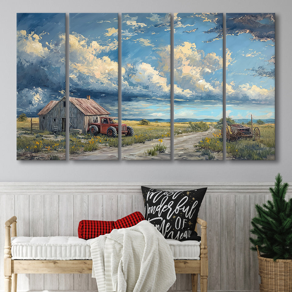 Old Tractor And House In The Garden Painting, Extra Large Canvas, Canvas Print Wall Art Decor