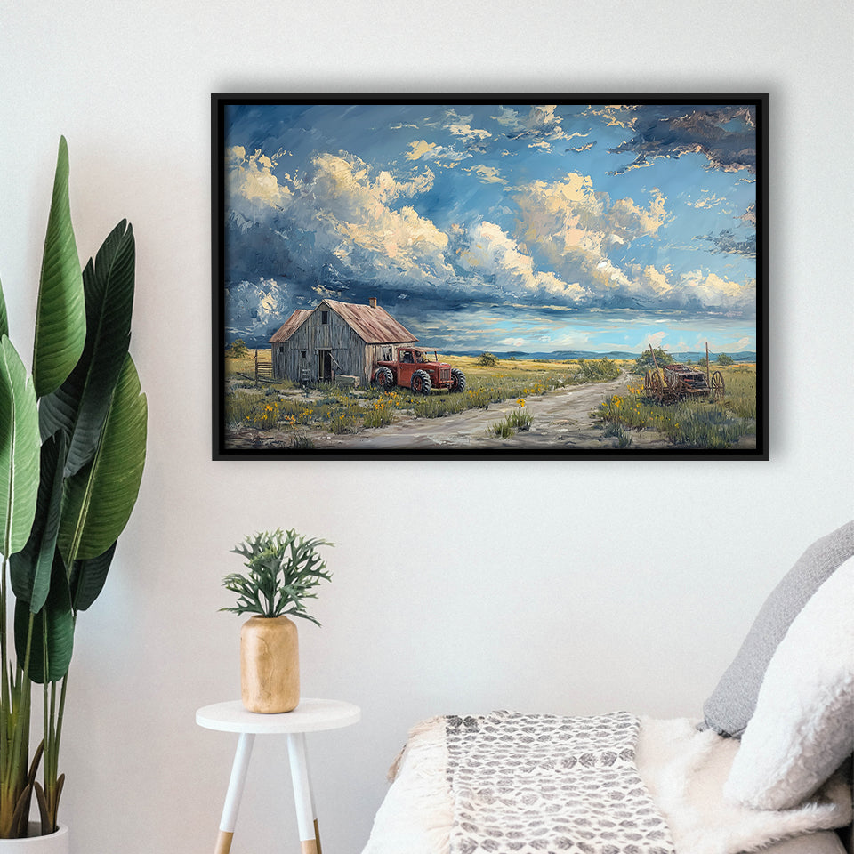 Old Tractor And House In The Garden Painting, Floating Frame, Framed Canvas Print Wall Art Home Decor