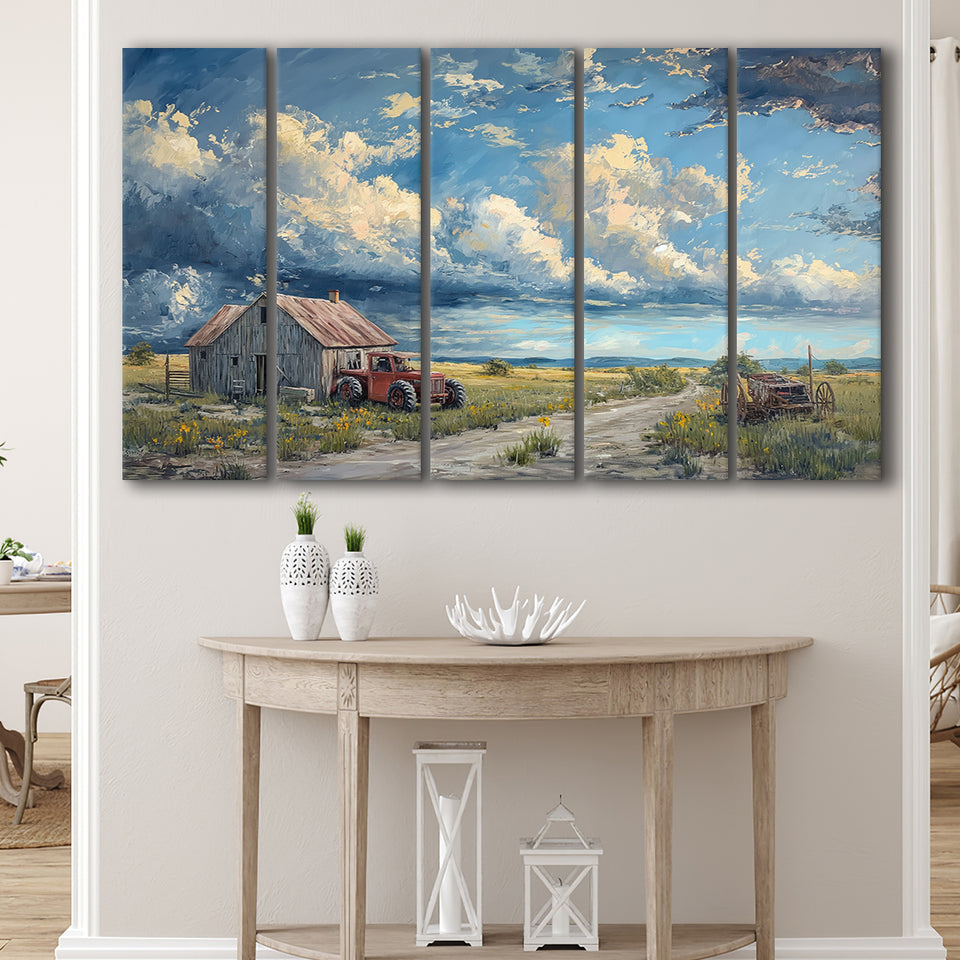 Old Tractor And House In The Garden Painting, Extra Large Canvas, Canvas Print Wall Art Decor