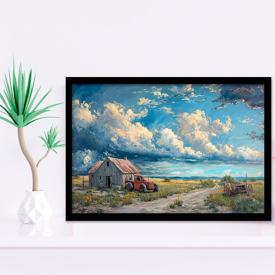 Old Tractor And House In The Garden Painting, Painting Art, Framed Art Print Wall Art Home Decor
