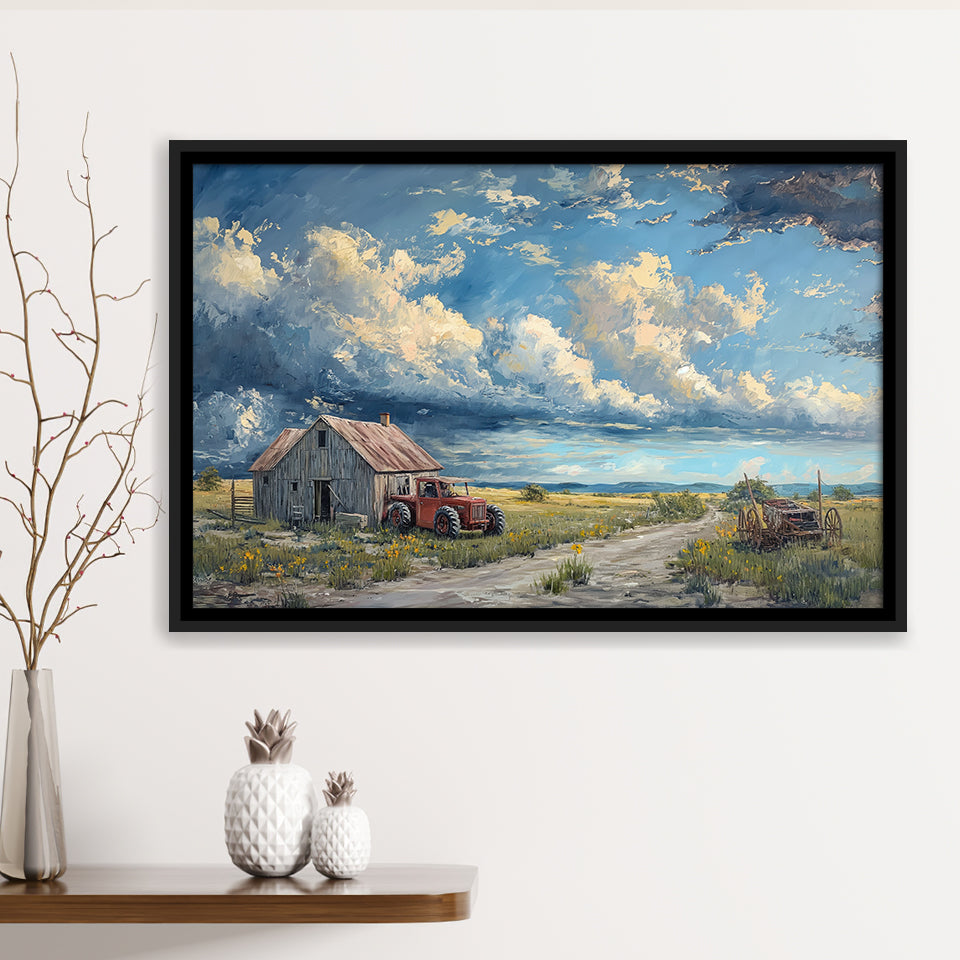 Old Tractor And House In The Garden Painting, Floating Frame, Framed Canvas Print Wall Art Home Decor