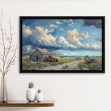 Old Tractor And House In The Garden Painting, Floating Frame, Framed Canvas Print Wall Art Home Decor