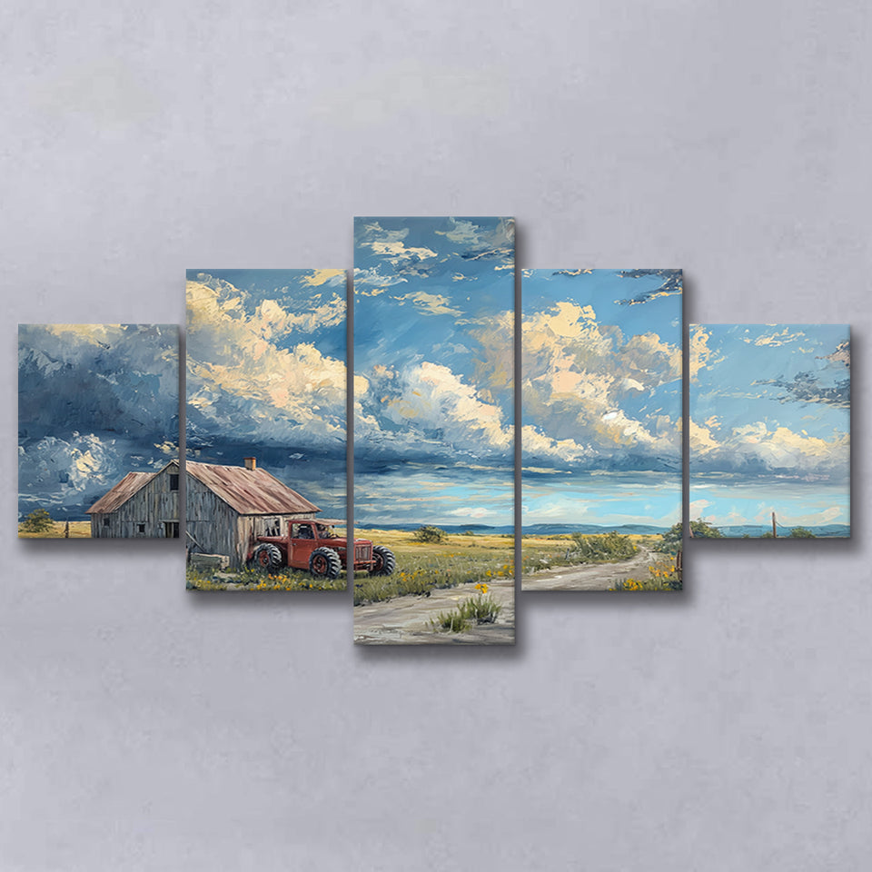 Old Tractor And House In The Garden Painting, Multi Panel,Mixed Canvas Print Wall Art Decor