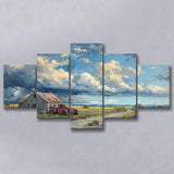 Old Tractor And House In The Garden Painting, Multi Panel,Mixed Canvas Print Wall Art Decor