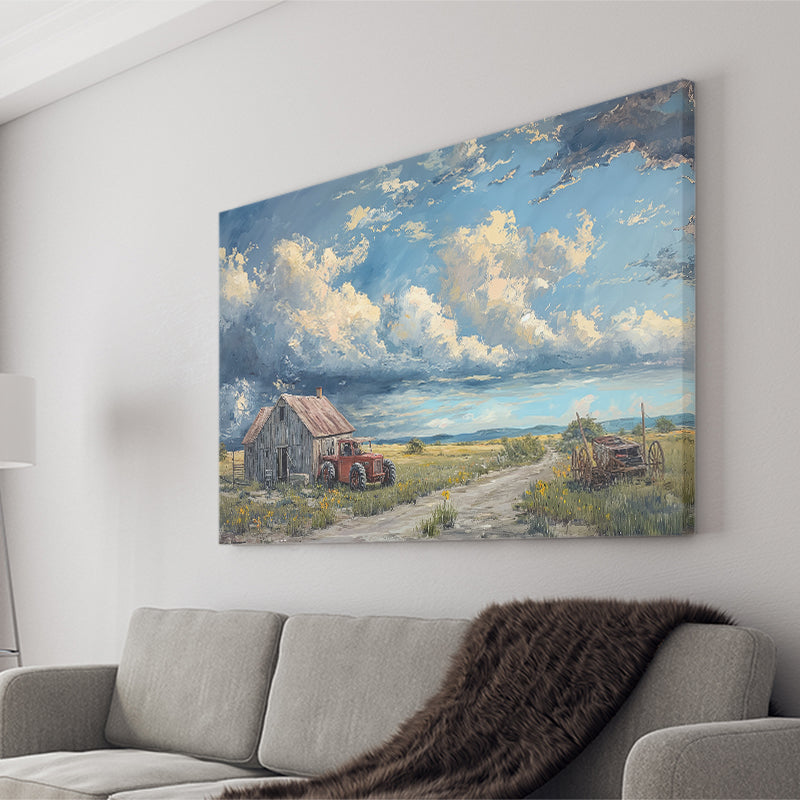 Old Tractor And House In The Garden Painting, Art Print, Canvas Print Wall Art Home Decor
