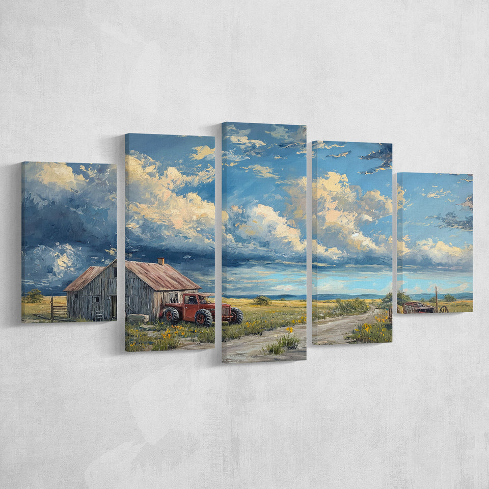 Old Tractor And House In The Garden Painting, Multi Panel,Mixed Canvas Print Wall Art Decor