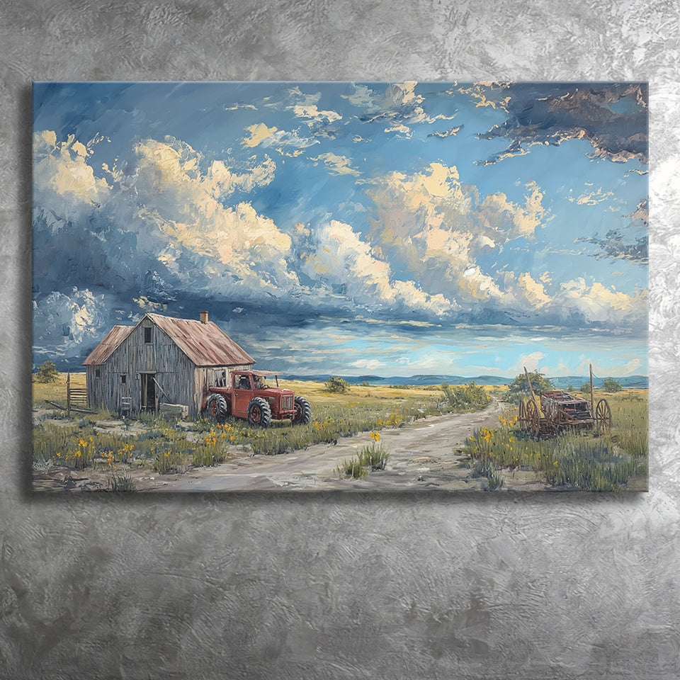 Old Tractor And House In The Garden Painting, Art Print, Canvas Print Wall Art Home Decor