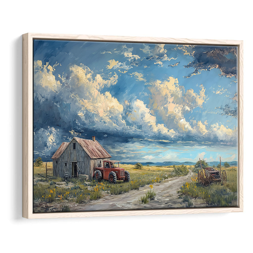 Old Tractor And House In The Garden Painting, Floating Frame, Framed Canvas Print Wall Art Home Decor