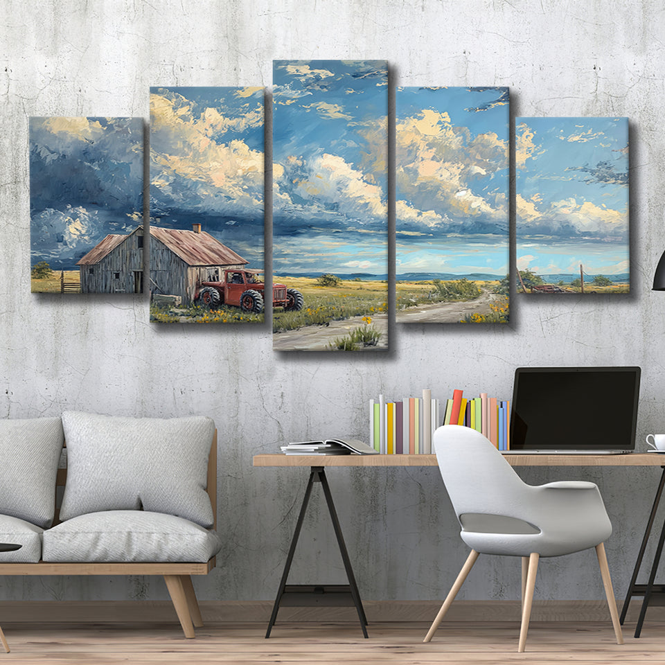 Old Tractor And House In The Garden Painting, Multi Panel,Mixed Canvas Print Wall Art Decor