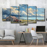 Old Tractor And House In The Garden Painting, Multi Panel,Mixed Canvas Print Wall Art Decor