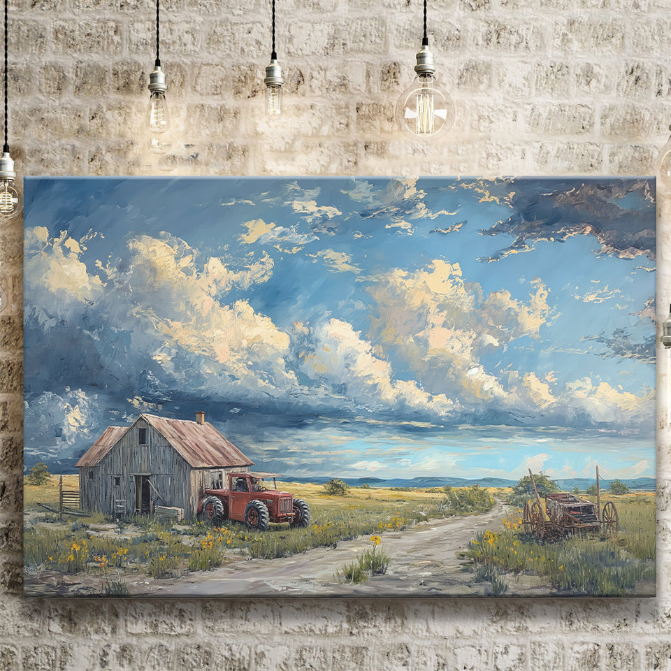 Old Tractor And House In The Garden Painting, Art Print, Canvas Print Wall Art Home Decor