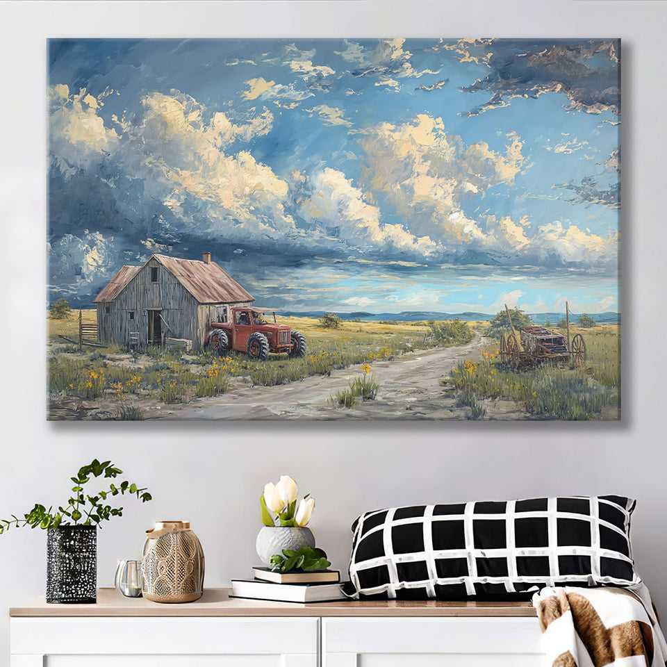 Old Tractor And House In The Garden Painting, Art Print, Canvas Print Wall Art Home Decor