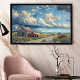 Old Tractor And House In The Garden Painting, Floating Frame, Framed Canvas Print Wall Art Home Decor
