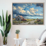 Old Tractor And House In The Garden Painting, Floating Frame, Framed Canvas Print Wall Art Home Decor